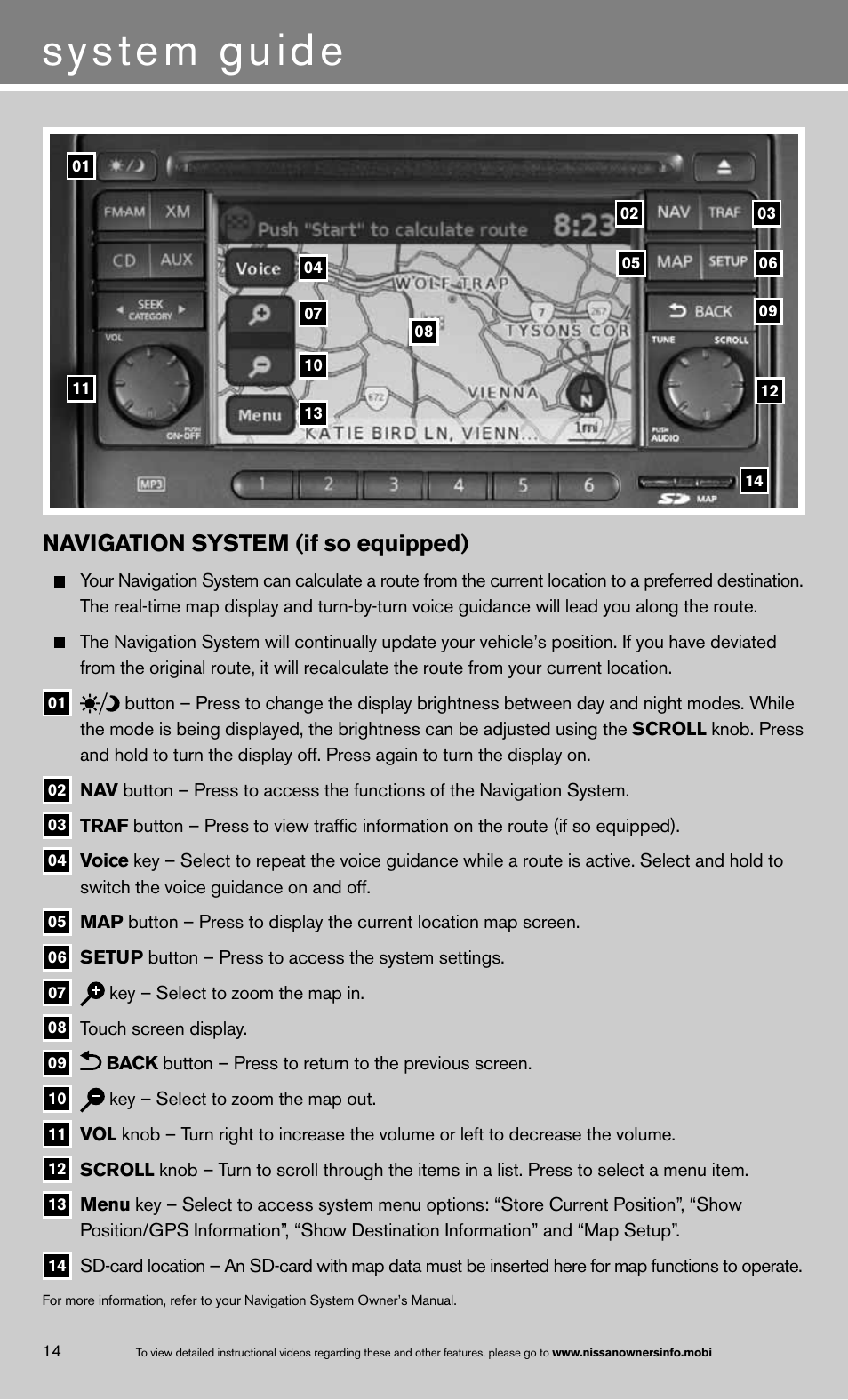 System guide, Navigation system (if so equipped) | NISSAN 2013 Versa Sedan - Quick Reference Guide User Manual | Page 18 / 22
