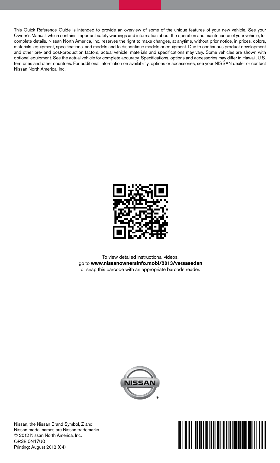 NISSAN 2013 Versa Sedan - Quick Reference Guide User Manual | Page 22 / 22