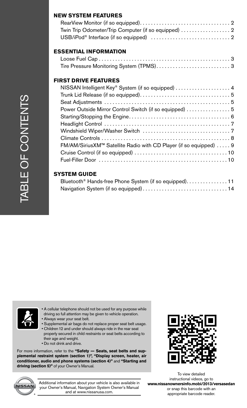 NISSAN 2013 Versa Sedan - Quick Reference Guide User Manual | Page 3 / 22