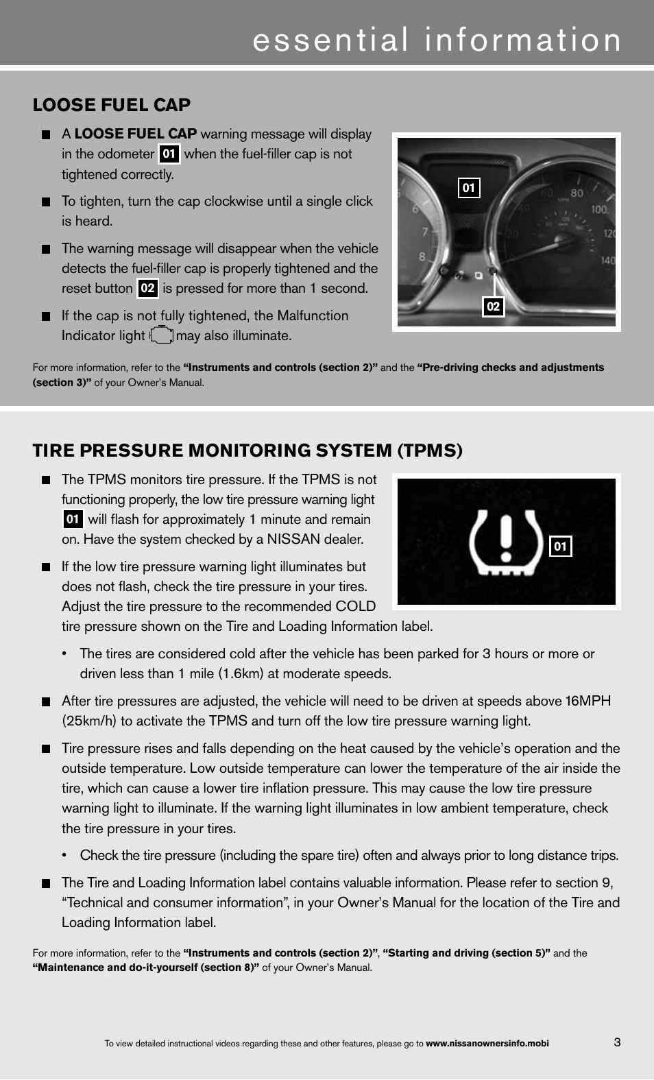 Essential information, Loose fuel cap, Tire pressure monitoring system (tpms) | NISSAN 2013 Versa Sedan - Quick Reference Guide User Manual | Page 5 / 22