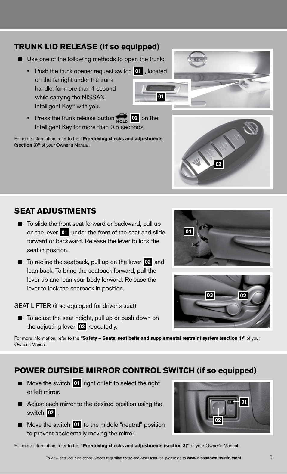 Trunk lid release (if so equipped), Seat adjustments | NISSAN 2013 Versa Sedan - Quick Reference Guide User Manual | Page 7 / 22