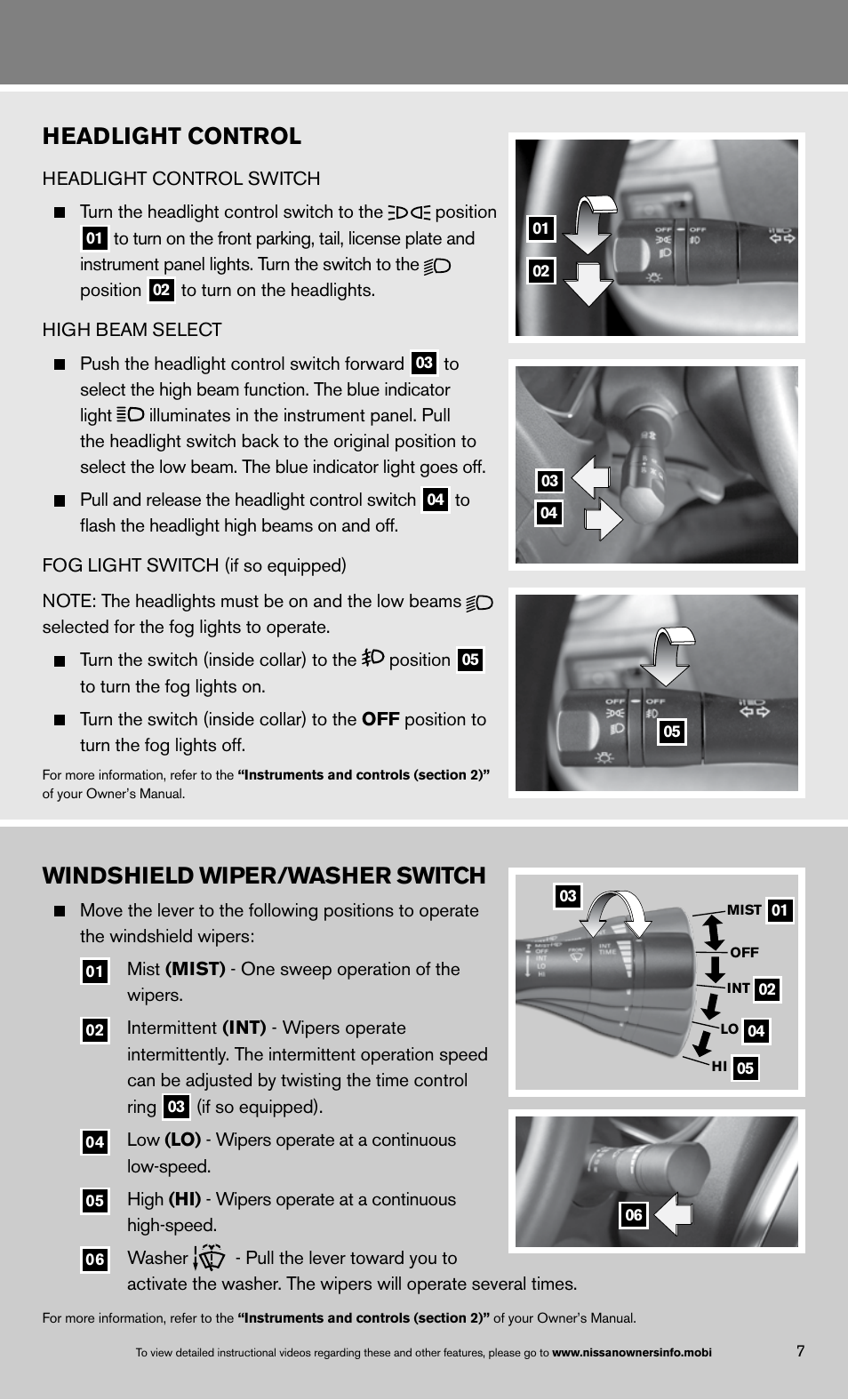 Headlight control, Windshield wiper/washer switch | NISSAN 2013 Versa Sedan - Quick Reference Guide User Manual | Page 9 / 22