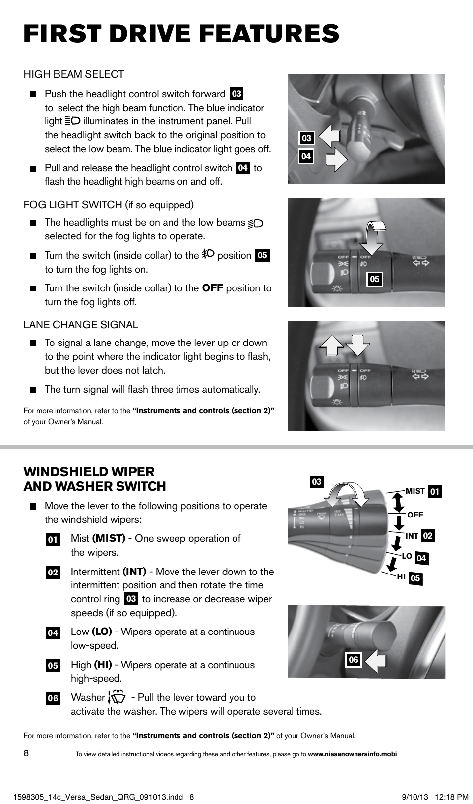 First drive features, Windshield wiper and washer switch | NISSAN 2014 Versa Sedan - Quick Reference Guide User Manual | Page 10 / 20