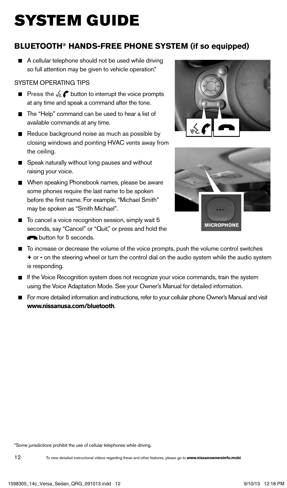 System guide, Bluetooth, Hands-free phone system (if so equipped) | NISSAN 2014 Versa Sedan - Quick Reference Guide User Manual | Page 14 / 20