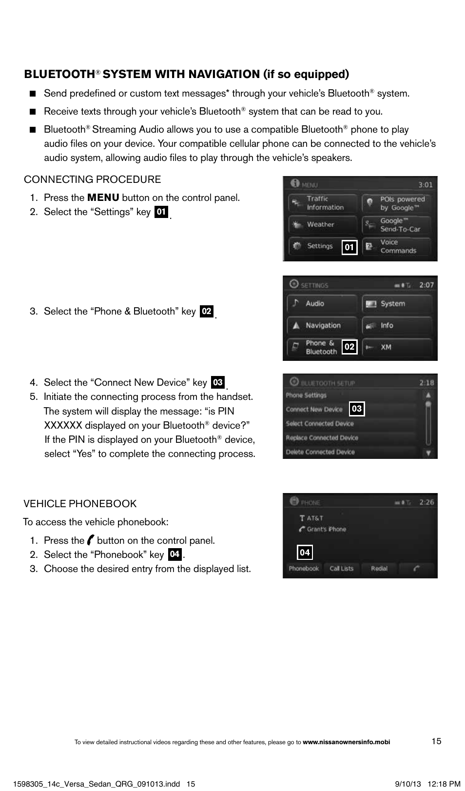 Bluetooth, System with navigation (if so equipped) | NISSAN 2014 Versa Sedan - Quick Reference Guide User Manual | Page 17 / 20