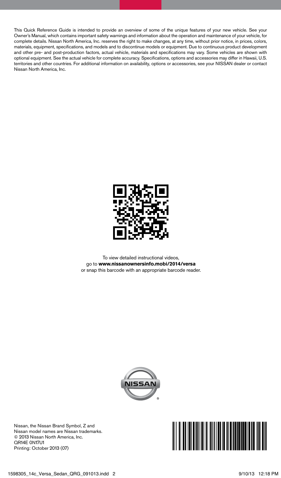 NISSAN 2014 Versa Sedan - Quick Reference Guide User Manual | Page 20 / 20