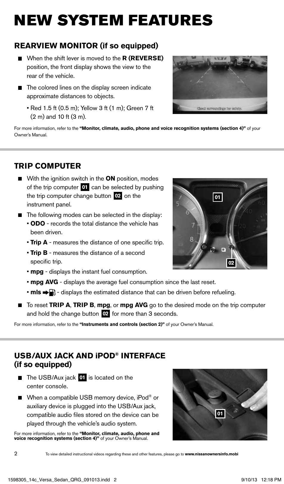 New system features, Trip computer, Rearview monitor (if so equipped) | Usb/aux jack and ipod, Interface (if so equipped) | NISSAN 2014 Versa Sedan - Quick Reference Guide User Manual | Page 4 / 20