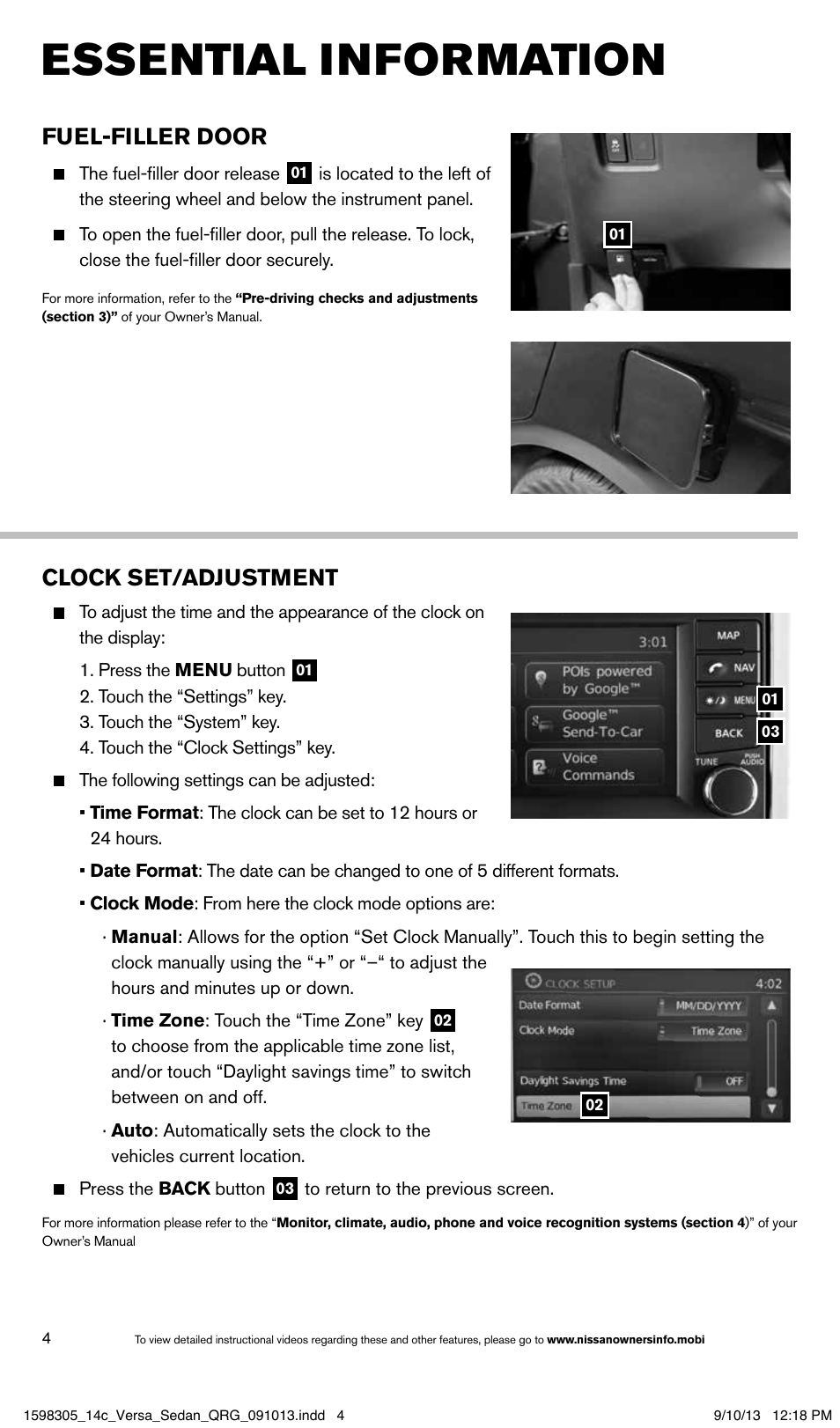 Essential information, Fuel-filler door, Clock set/adjustment | NISSAN 2014 Versa Sedan - Quick Reference Guide User Manual | Page 6 / 20