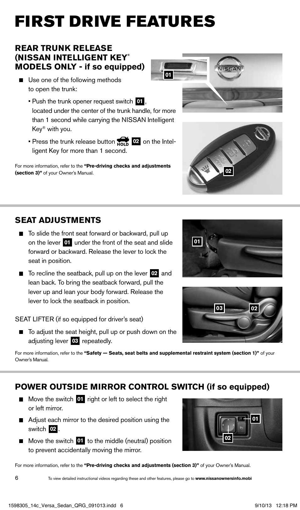 First drive features, Rear trunk release (nissan intelligent key, Models only - if so equipped) | Seat adjustments | NISSAN 2014 Versa Sedan - Quick Reference Guide User Manual | Page 8 / 20