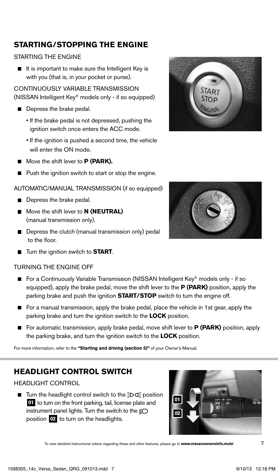 Headlight control switch, Starting/stopping the engine | NISSAN 2014 Versa Sedan - Quick Reference Guide User Manual | Page 9 / 20