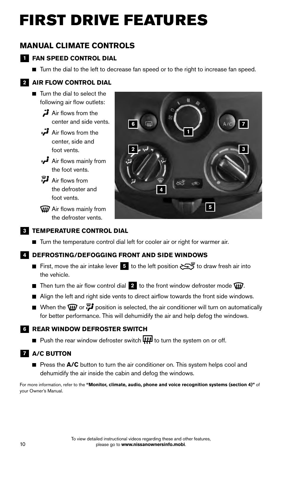 First drive features, Manual climate controls | NISSAN 2015 Versa Sedan - Quick Reference Guide User Manual | Page 12 / 24