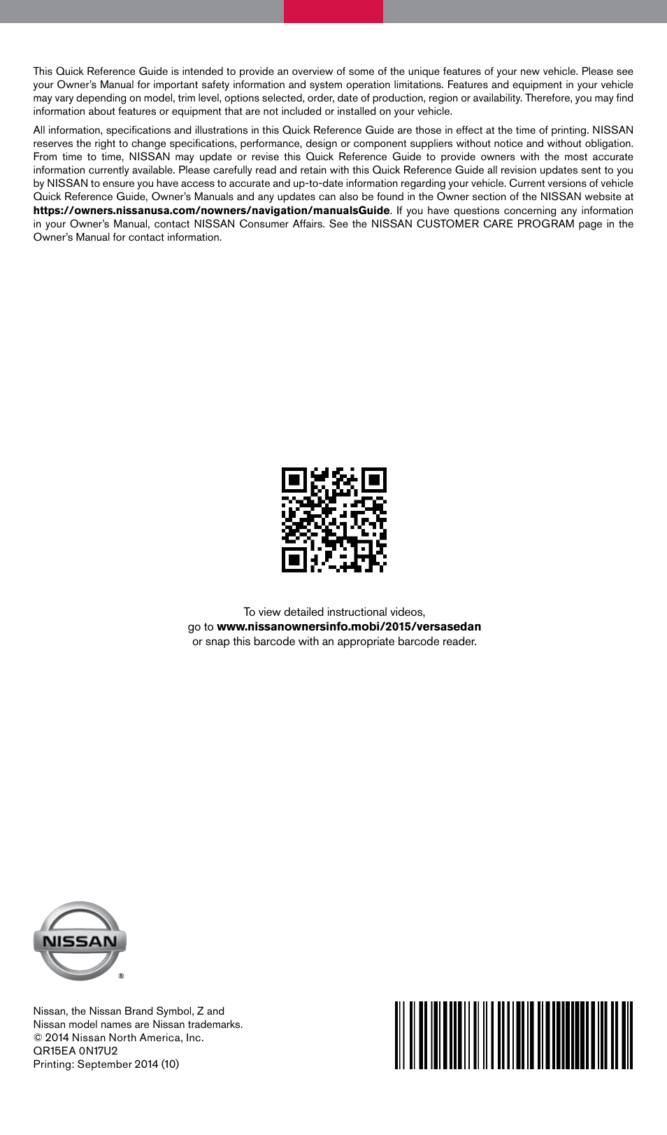 NISSAN 2015 Versa Sedan - Quick Reference Guide User Manual | Page 24 / 24