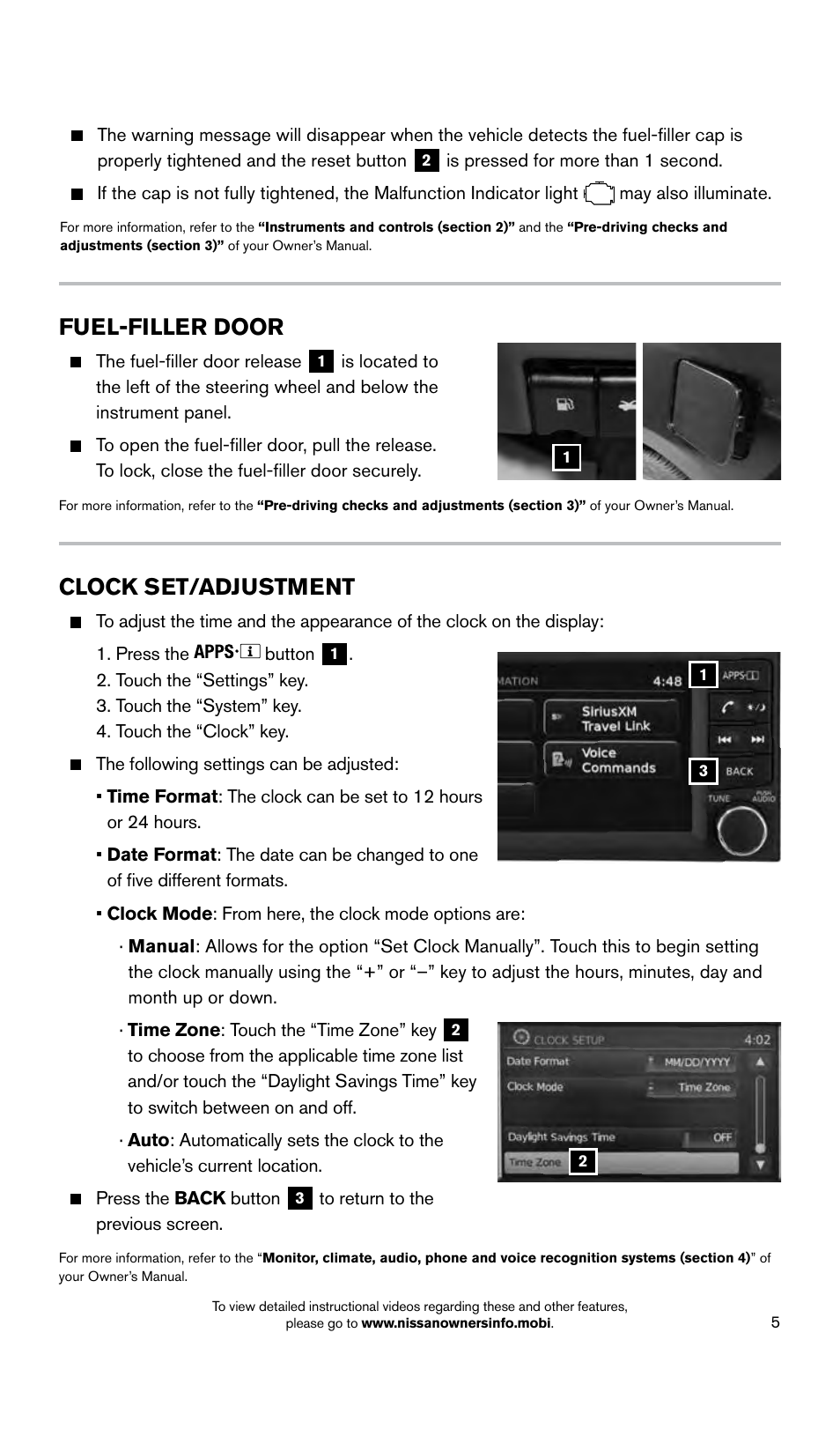 Clock set/adjustment, Fuel-filler door | NISSAN 2015 Versa Sedan - Quick Reference Guide User Manual | Page 7 / 24