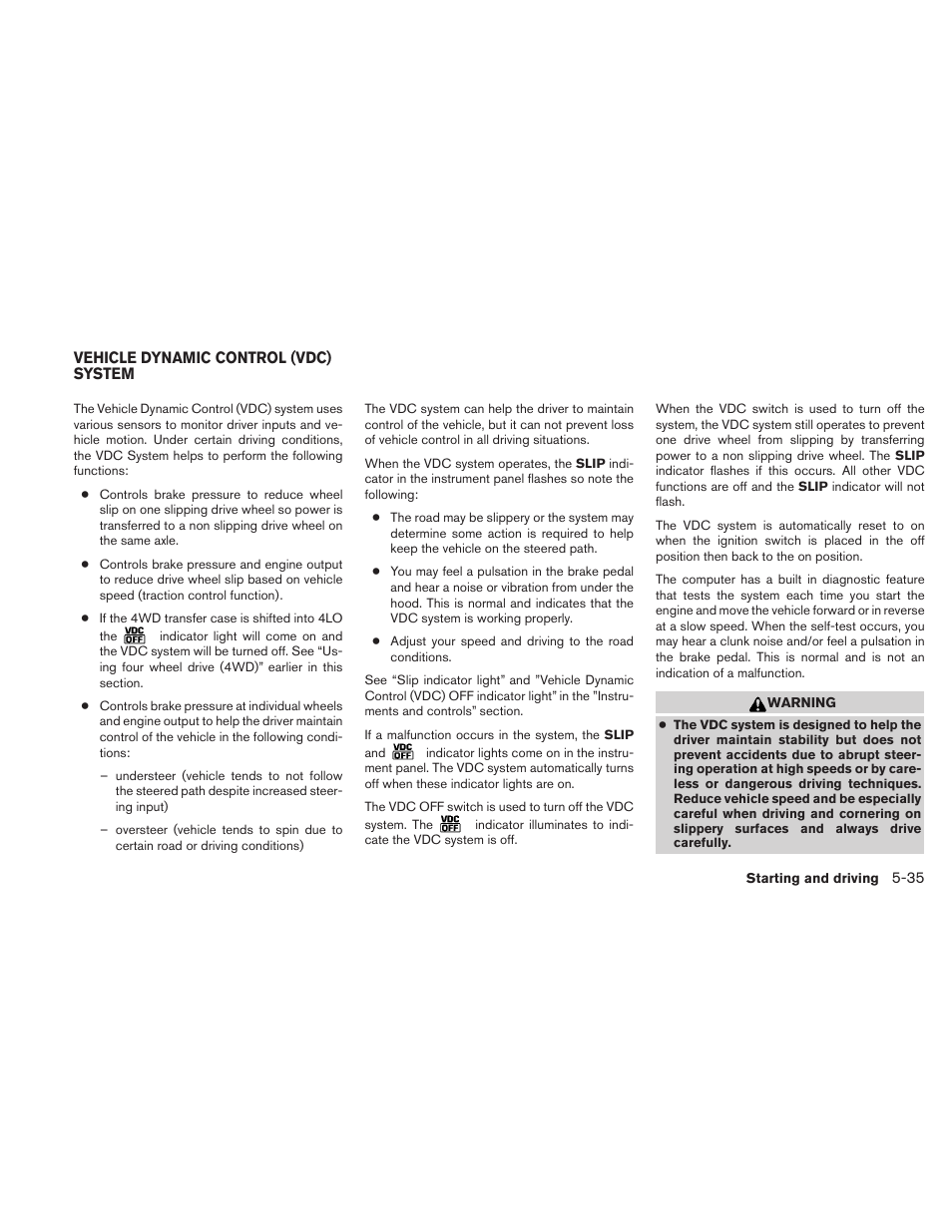 Vehicle dynamic control (vdc) system -35 | NISSAN 2011 Xterra - Owner's Manual User Manual | Page 230 / 339