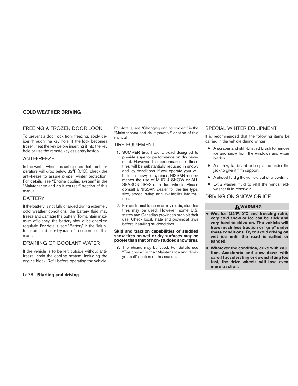 Cold weather driving -38 | NISSAN 2011 Xterra - Owner's Manual User Manual | Page 233 / 339