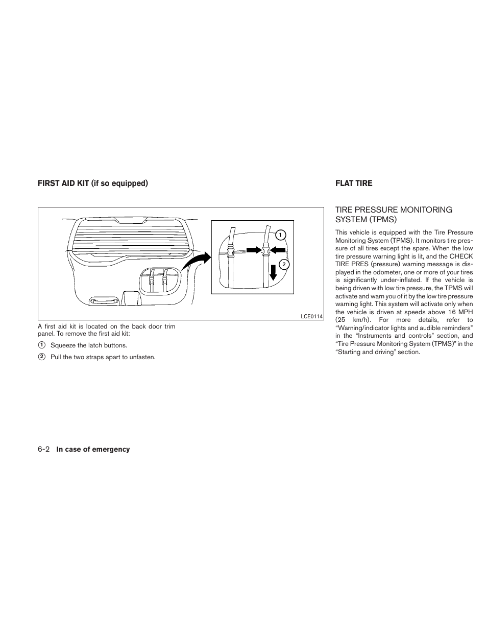 First aid kit (if so equipped) -2 flat tire -2, Tire pressure monitoring system (tpms) -2 | NISSAN 2011 Xterra - Owner's Manual User Manual | Page 237 / 339