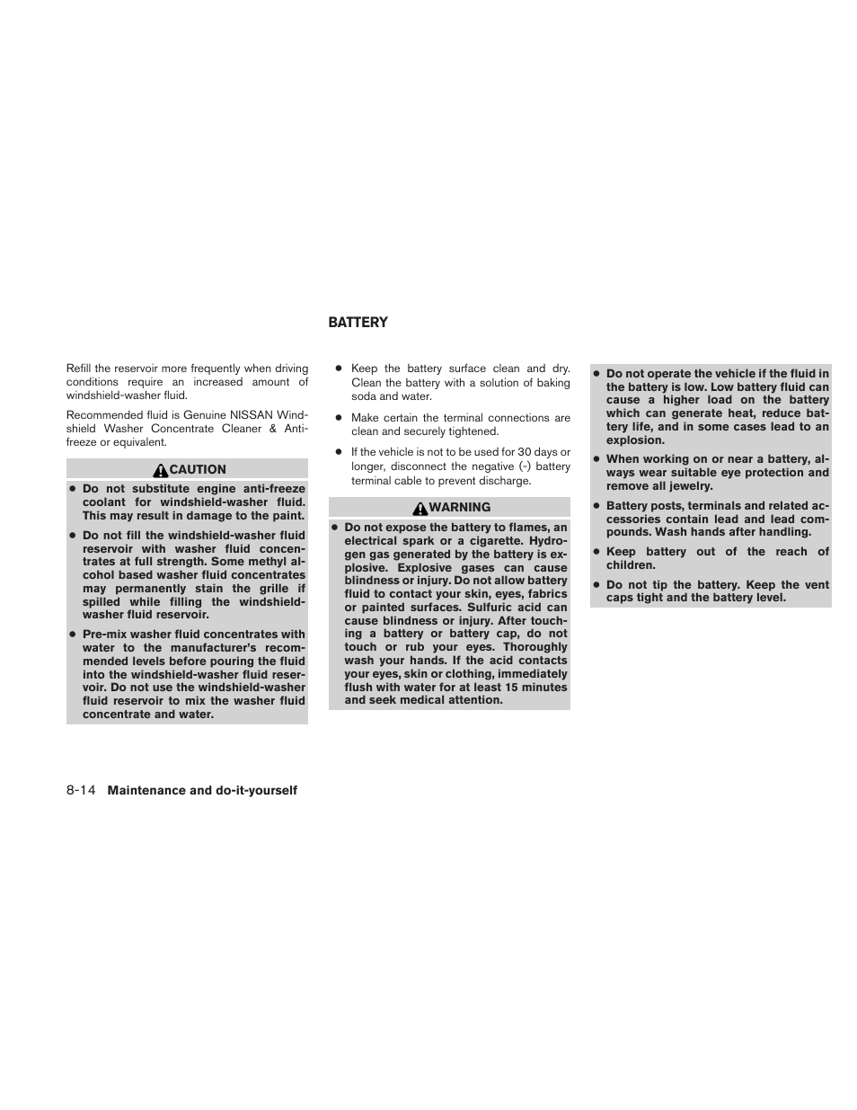 Battery -14 | NISSAN 2011 Xterra - Owner's Manual User Manual | Page 269 / 339