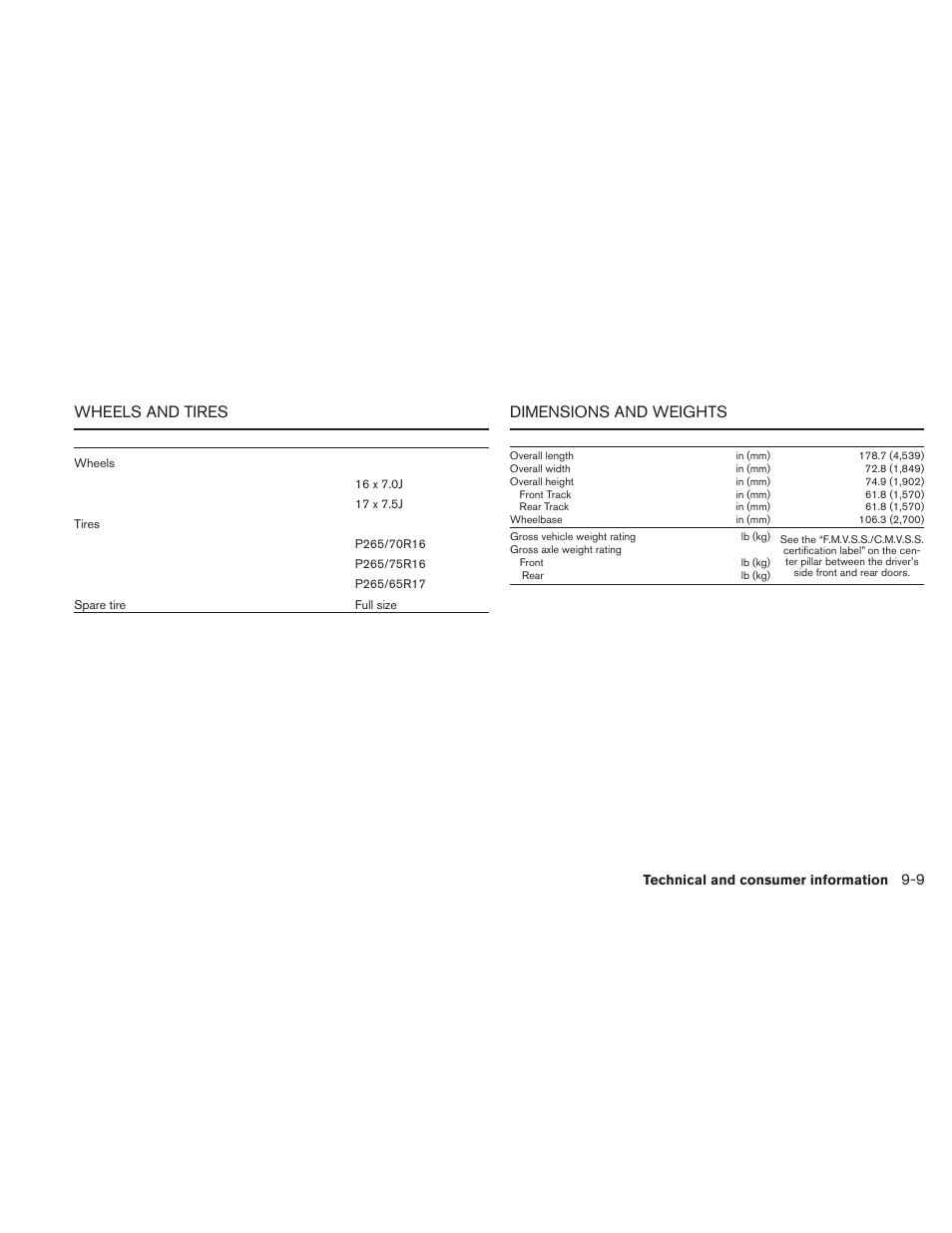 Wheels and tires -9 dimensions and weights -9, Wheels and tires, Dimensions and weights | NISSAN 2011 Xterra - Owner's Manual User Manual | Page 306 / 339