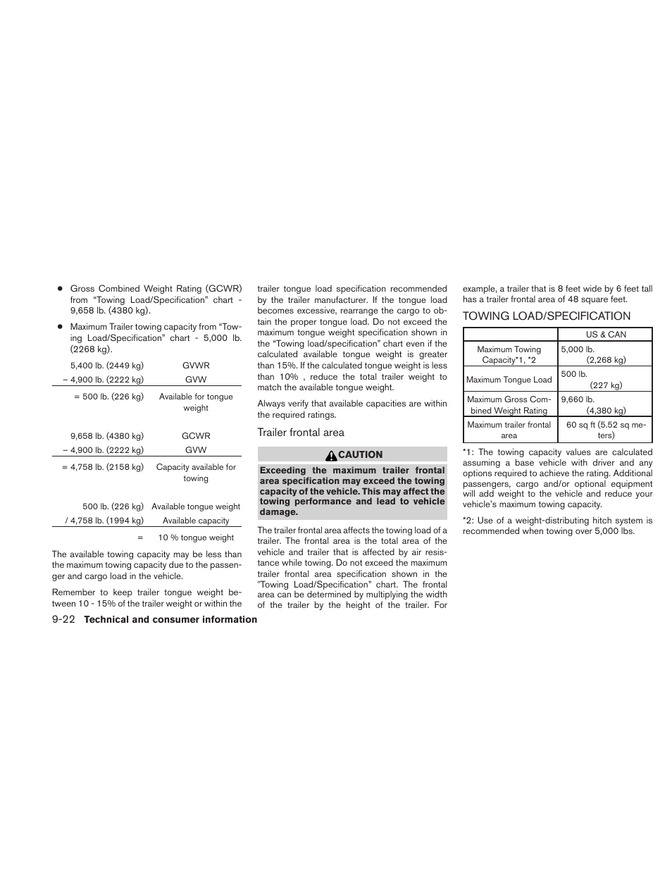 Towing load/specification -22, Trailer frontal area, Towing load/specification | NISSAN 2011 Xterra - Owner's Manual User Manual | Page 319 / 339