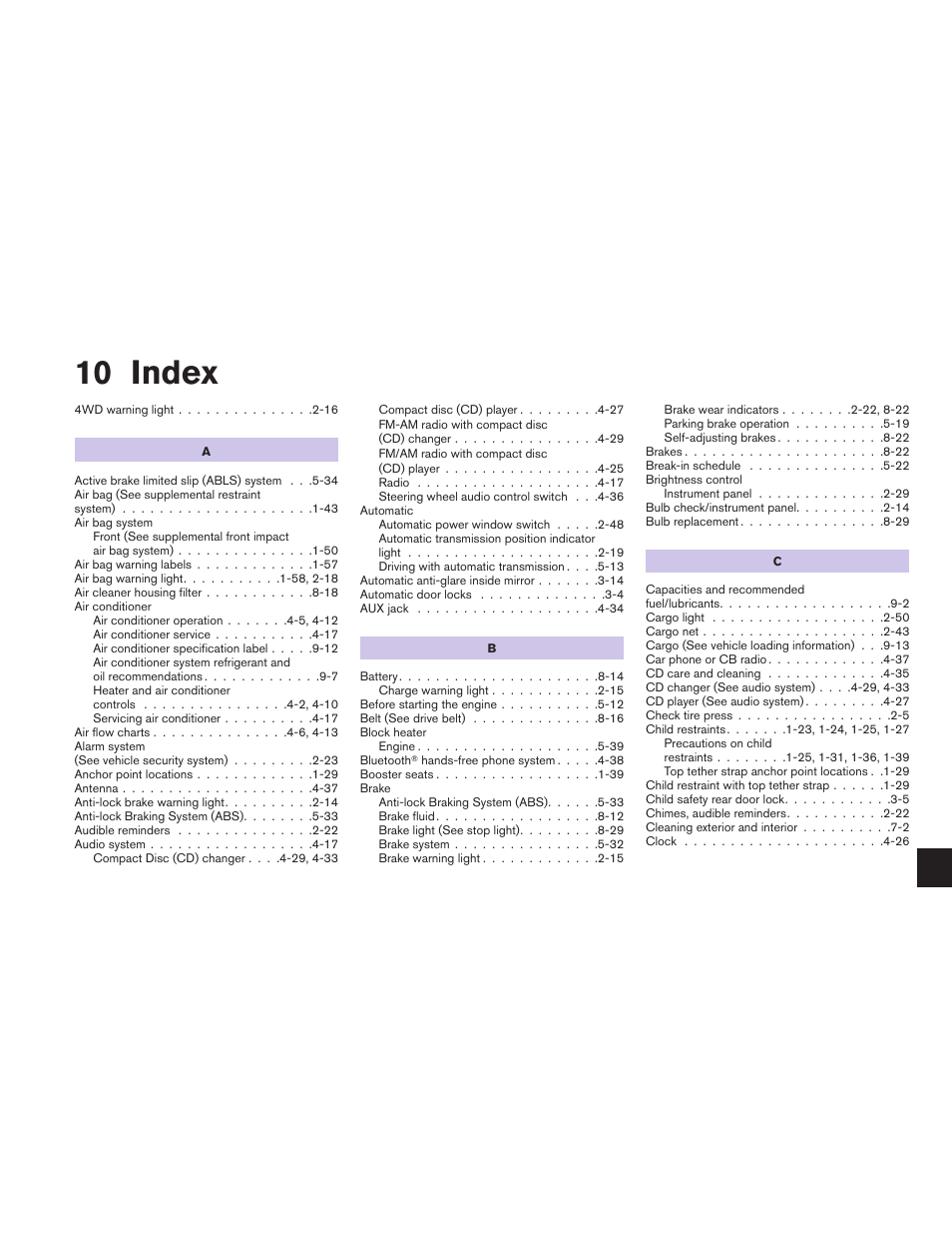 Index, 10 index | NISSAN 2011 Xterra - Owner's Manual User Manual | Page 332 / 339