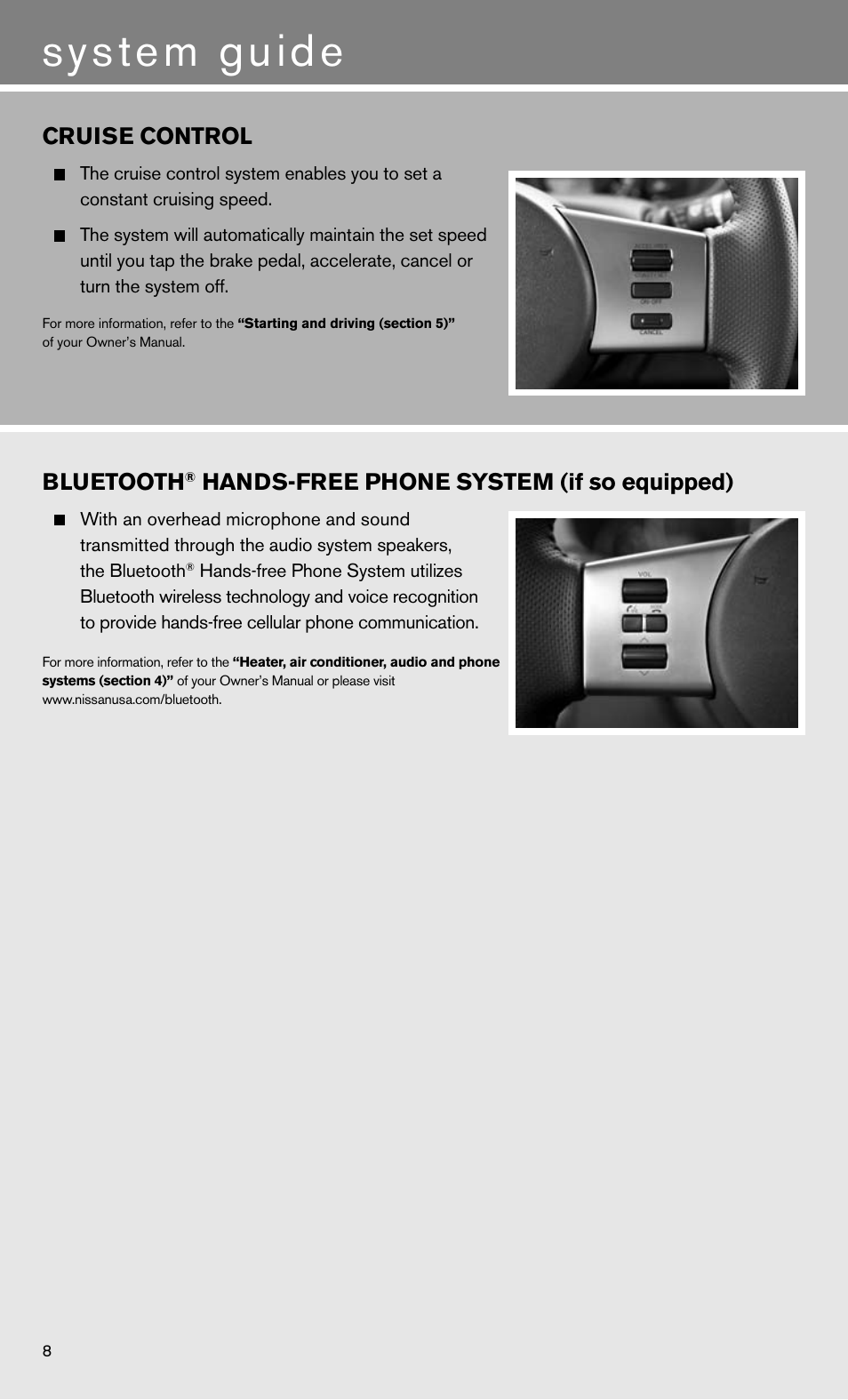 System guide, Bluetooth, Hands-free phone system (if so equipped) | Cruise control | NISSAN 2011 Xterra - Quick Reference Guide User Manual | Page 10 / 12