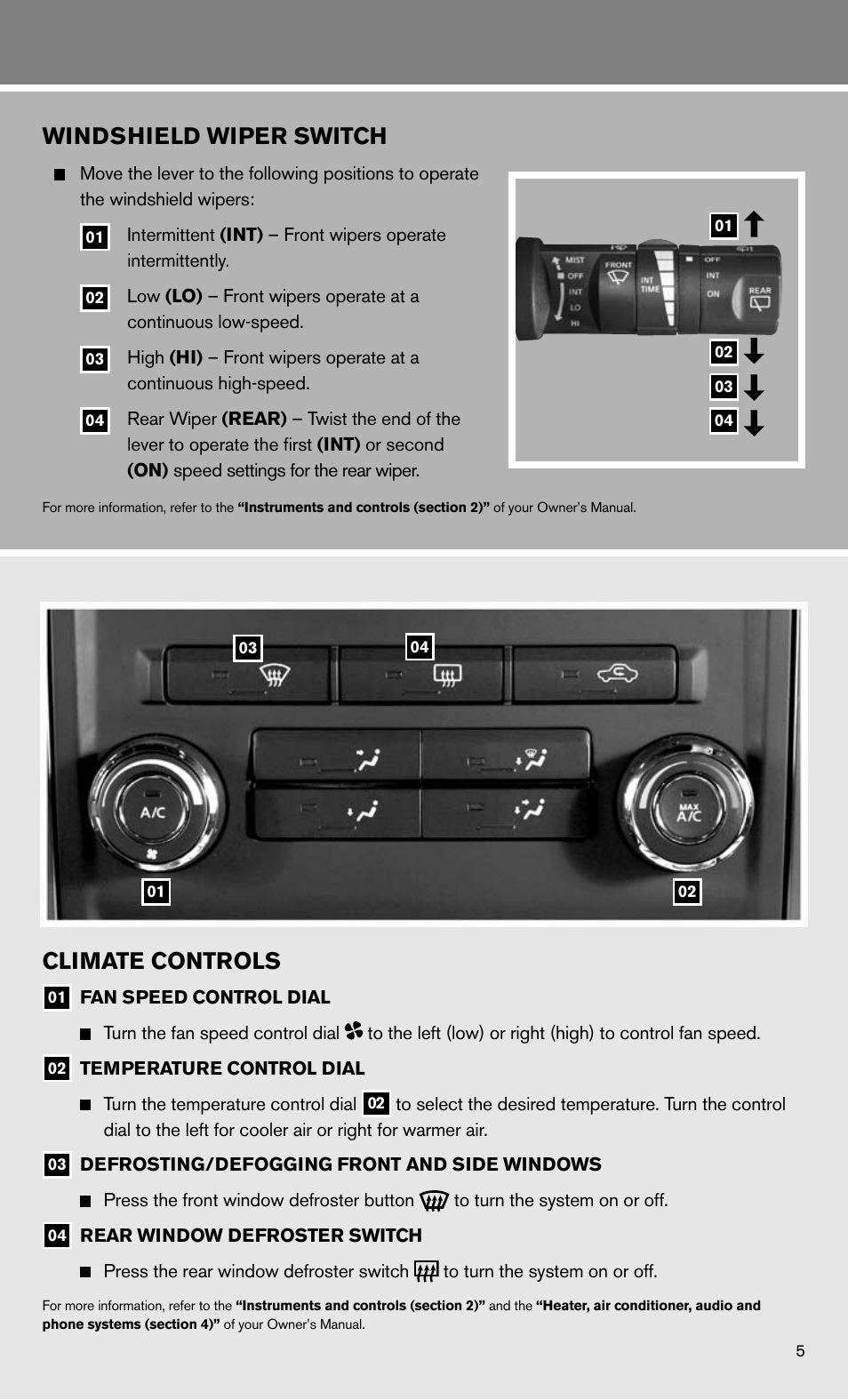 Windshield wiper switch, Climate controls | NISSAN 2011 Xterra - Quick Reference Guide User Manual | Page 7 / 12