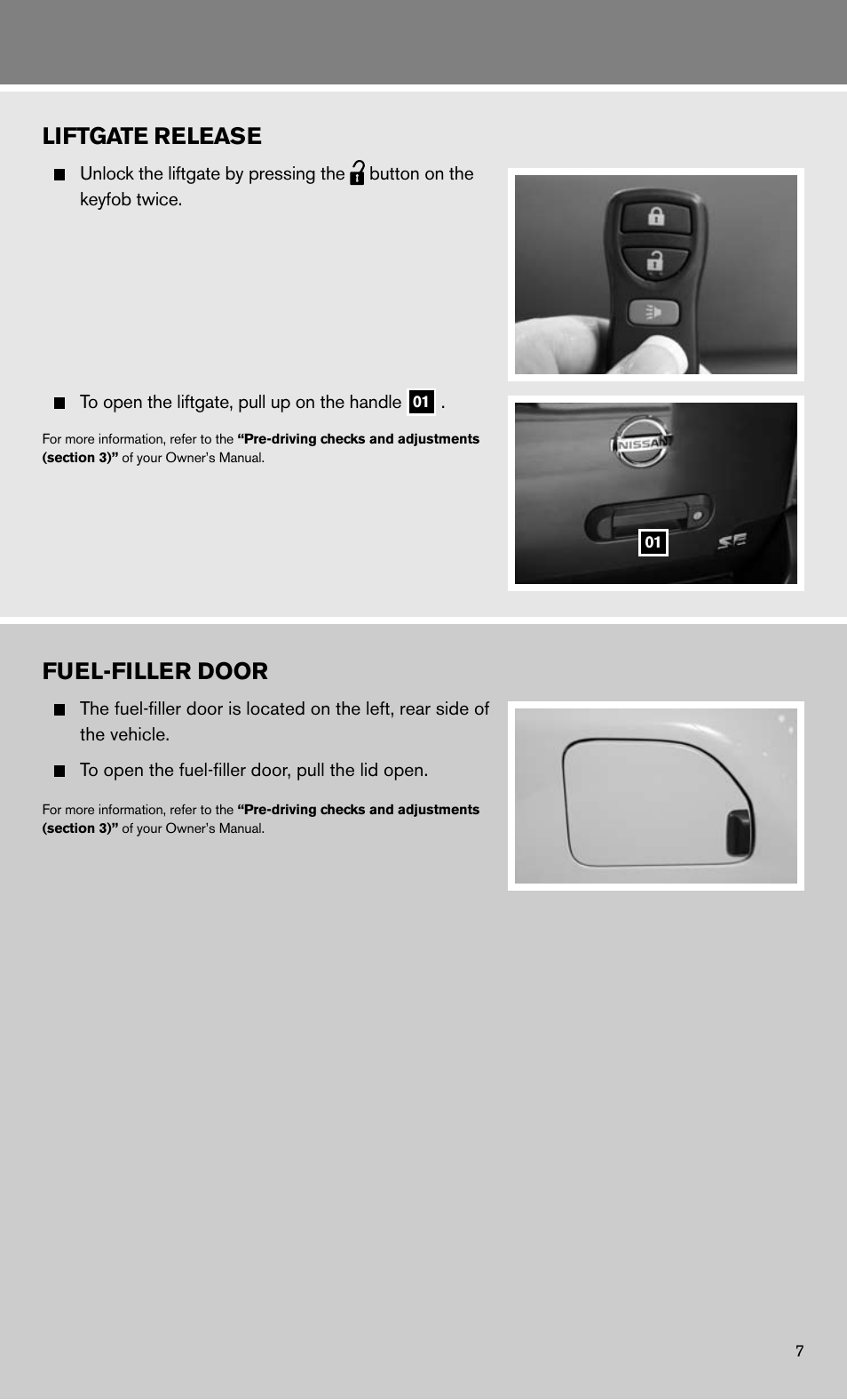 Fuel-filler door, Liftgate release | NISSAN 2011 Xterra - Quick Reference Guide User Manual | Page 9 / 12