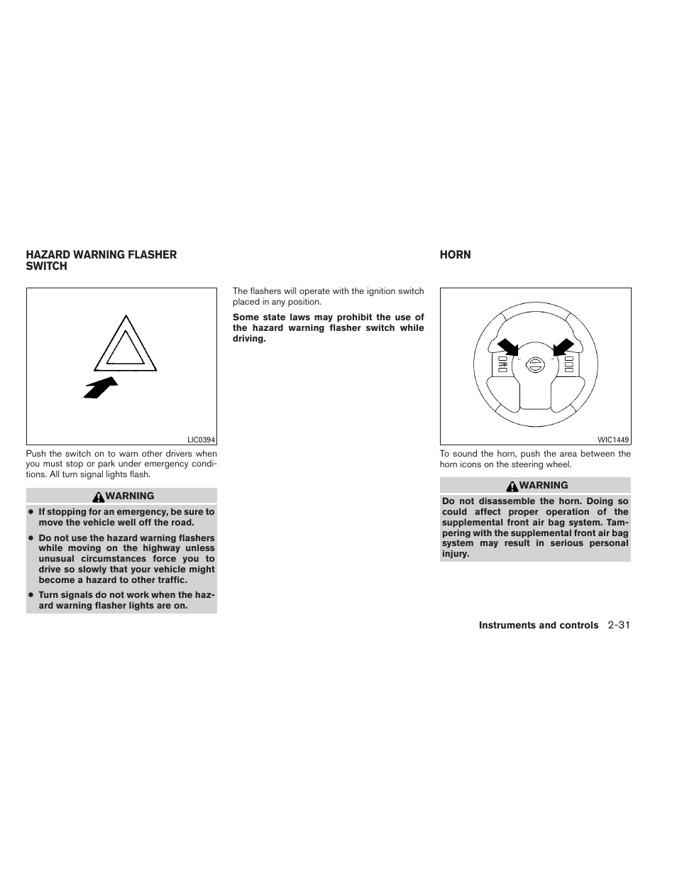 Hazard warning flasher switch -31 horn -31 | NISSAN 2012 Xterra - Owner's Manual User Manual | Page 110 / 341