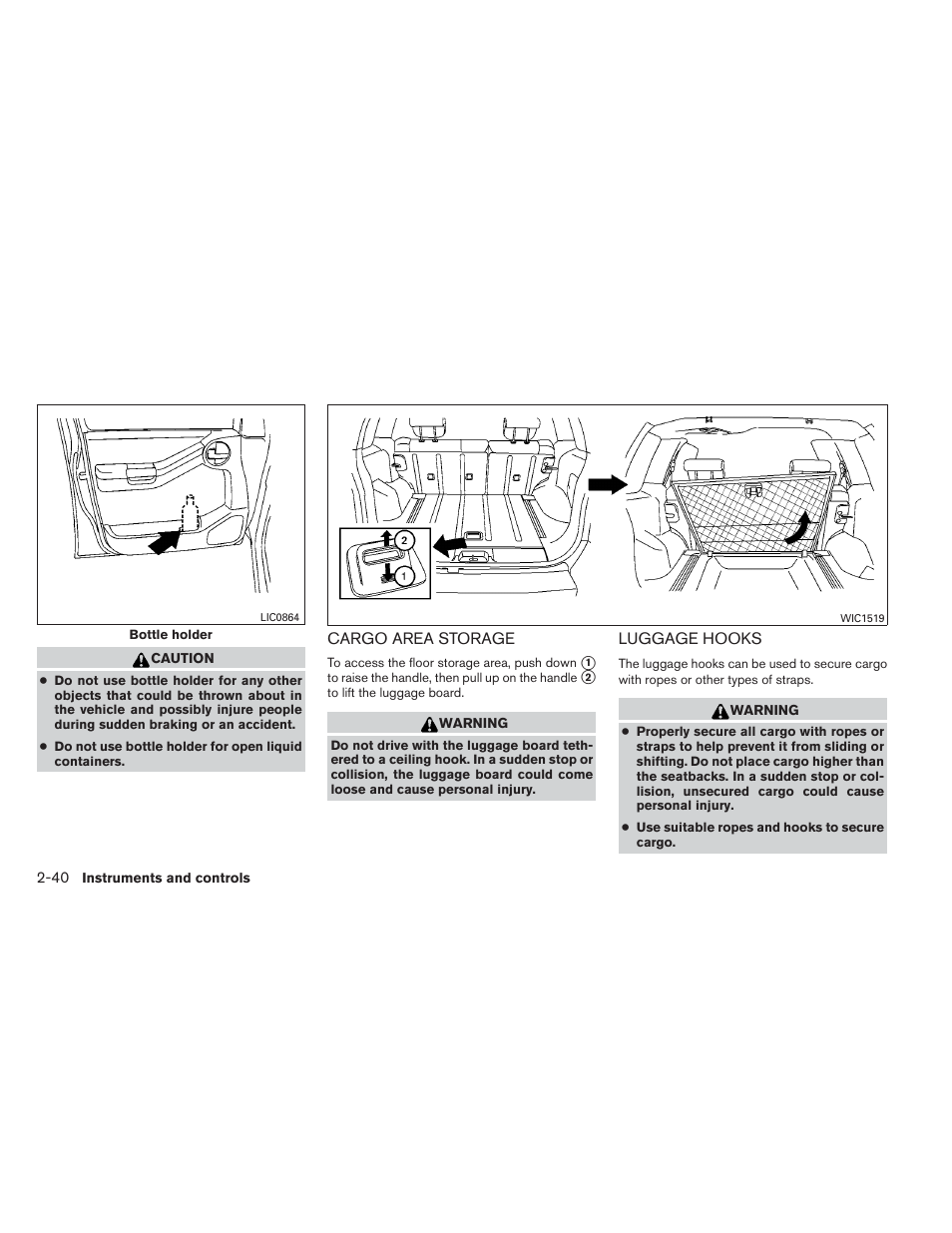 Cargo area storage -40 luggage hooks -40 | NISSAN 2012 Xterra - Owner's Manual User Manual | Page 119 / 341