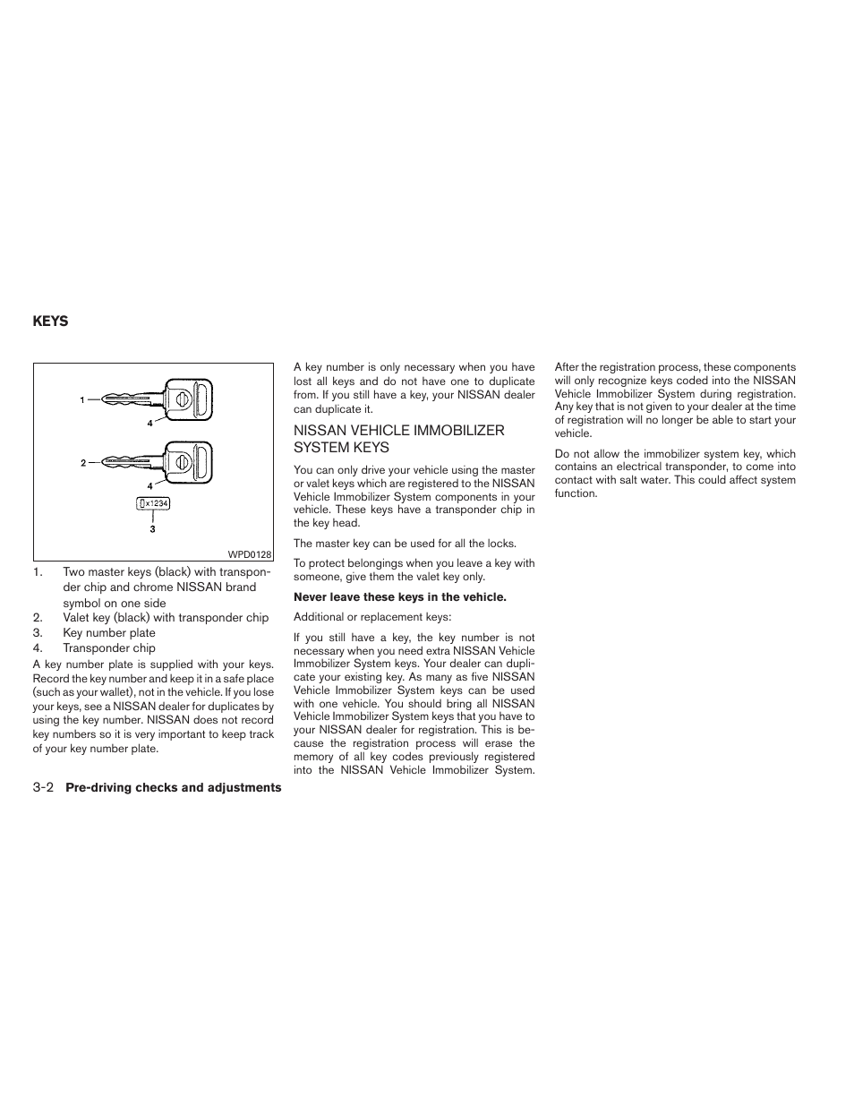 Keys -2, Nissan vehicle immobilizer system keys -2 | NISSAN 2012 Xterra - Owner's Manual User Manual | Page 131 / 341