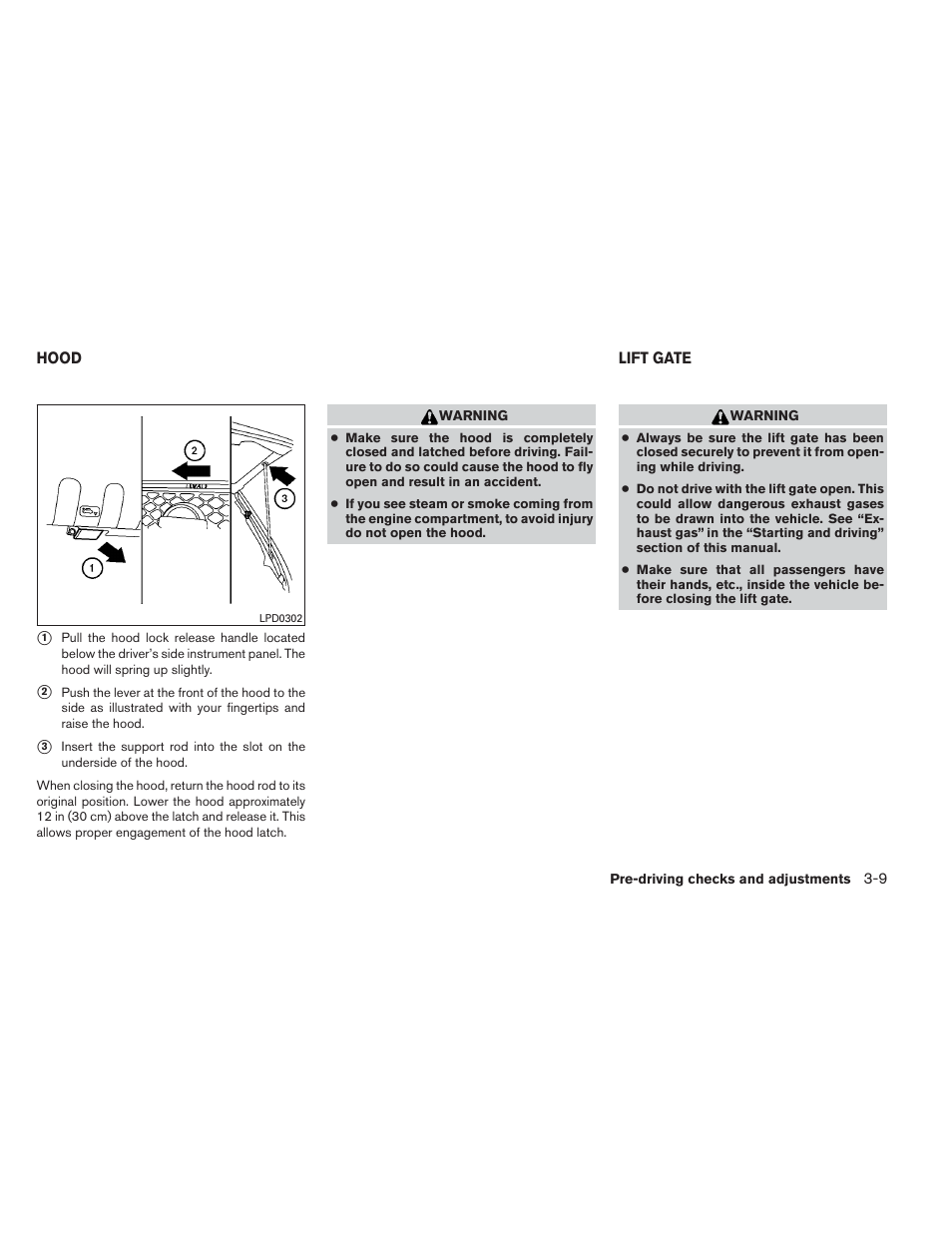 Hood -9 lift gate -9 | NISSAN 2012 Xterra - Owner's Manual User Manual | Page 138 / 341