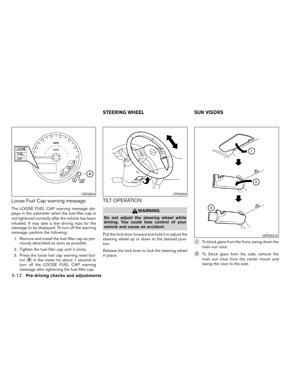 Steering wheel -12, Tilt operation -12, Sun visors -12 | NISSAN 2012 Xterra - Owner's Manual User Manual | Page 141 / 341