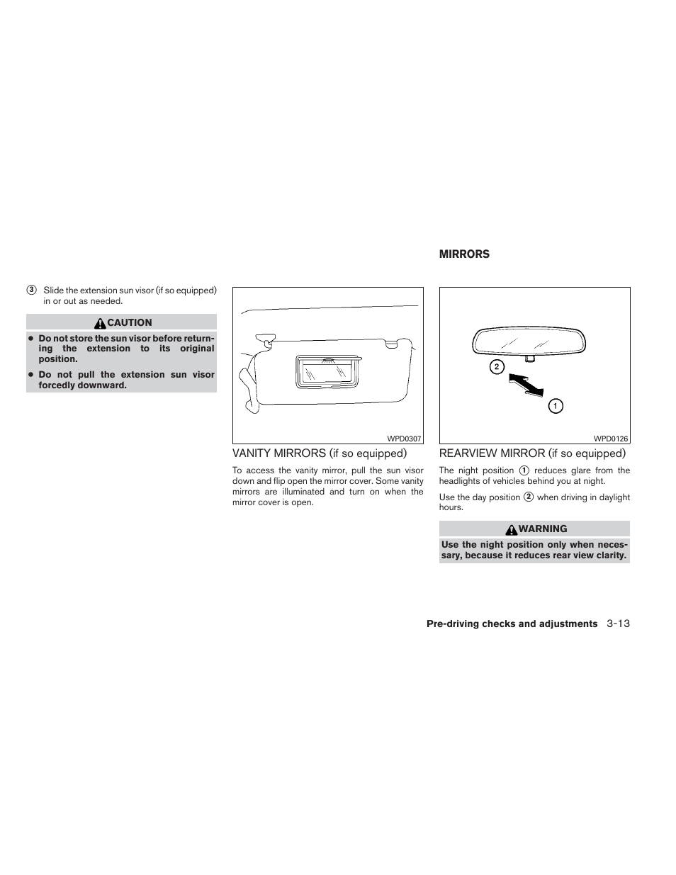 Vanity mirrors (if so equipped) -13, Mirrors -13, Rearview mirror (if so equipped) -13 | NISSAN 2012 Xterra - Owner's Manual User Manual | Page 142 / 341