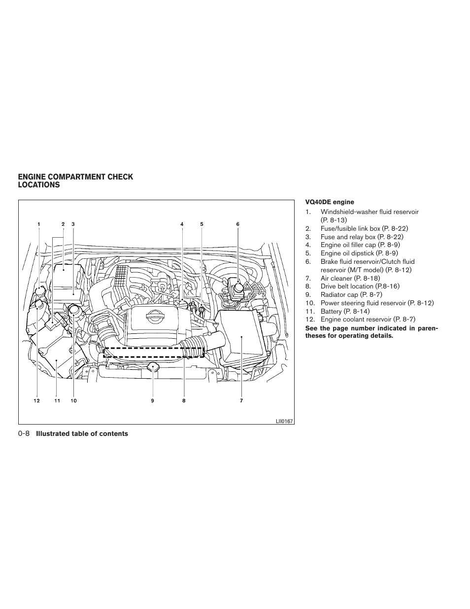 Engine compartment check locations -8 | NISSAN 2012 Xterra - Owner's Manual User Manual | Page 15 / 341