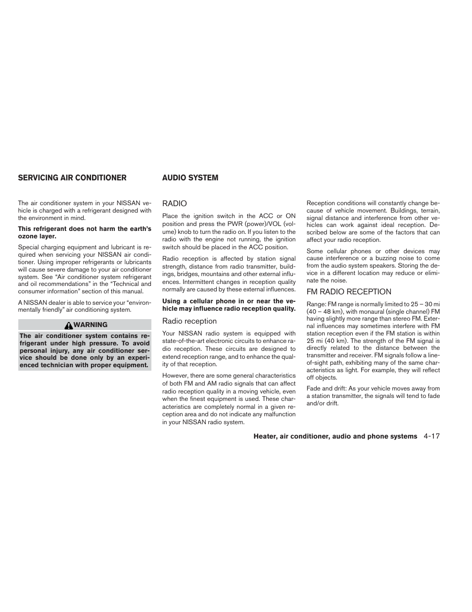 Servicing air conditioner -17 audio system -17, Radio -17 fm radio reception -17 | NISSAN 2012 Xterra - Owner's Manual User Manual | Page 162 / 341