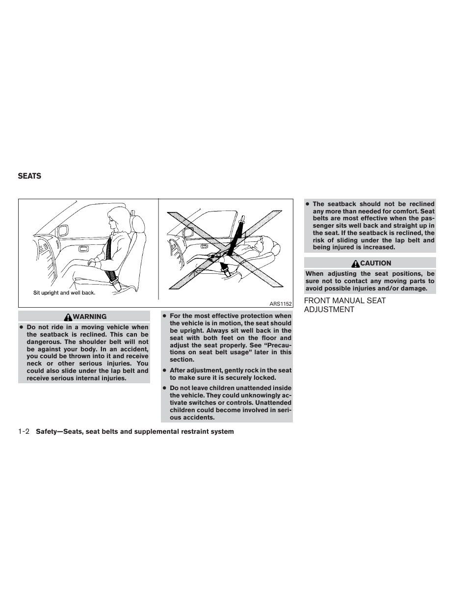 Seats -2, Front manual seat adjustment -2 | NISSAN 2012 Xterra - Owner's Manual User Manual | Page 19 / 341