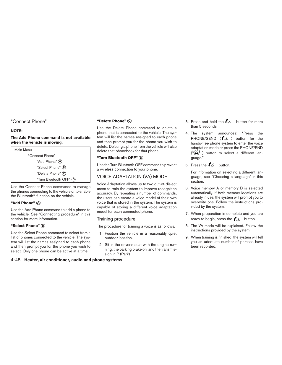 Voice adaptation (va) mode -48 | NISSAN 2012 Xterra - Owner's Manual User Manual | Page 193 / 341