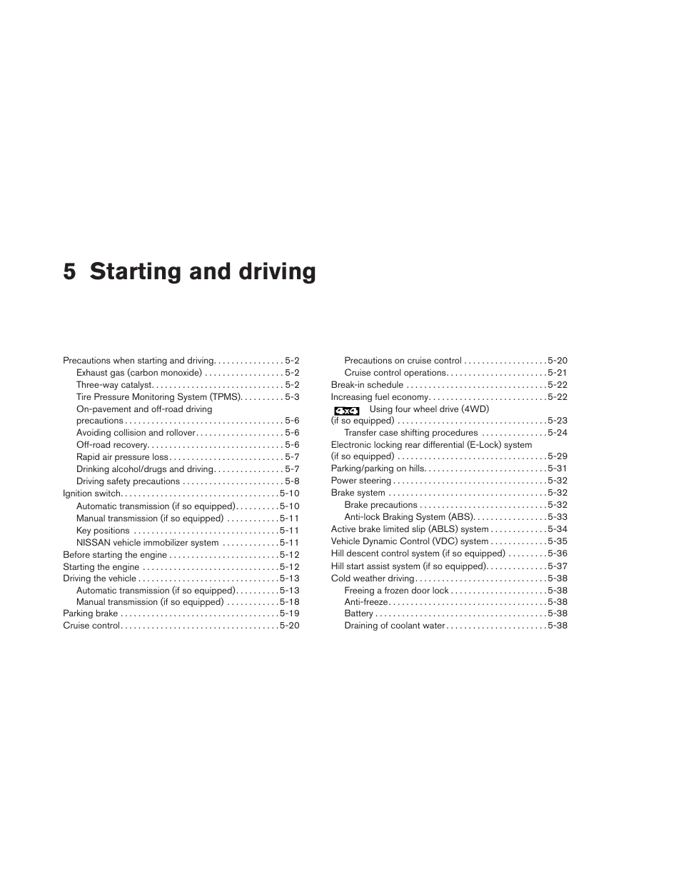 Starting and driving, 5 starting and driving | NISSAN 2012 Xterra - Owner's Manual User Manual | Page 197 / 341