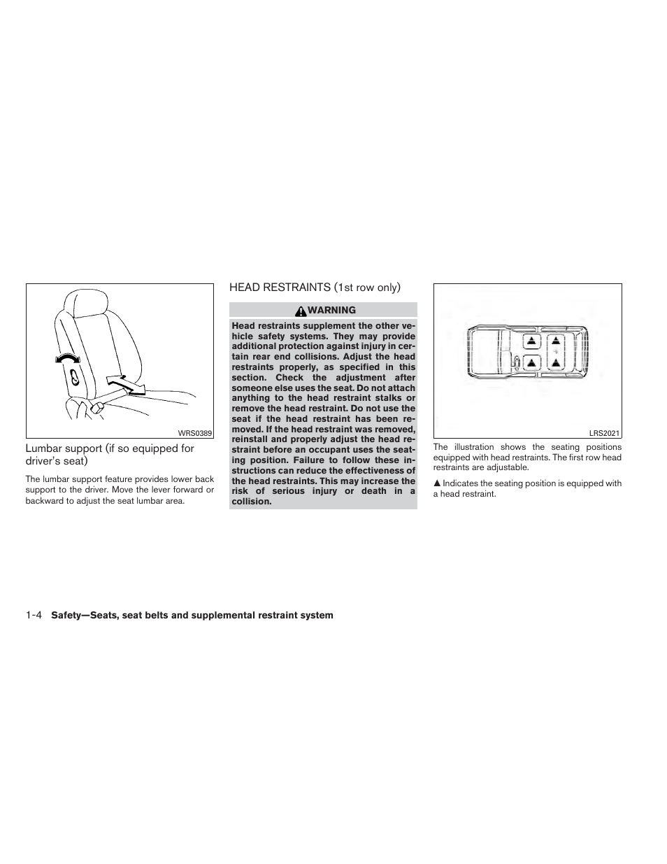 Head restraints (1st row only) -4 | NISSAN 2012 Xterra - Owner's Manual User Manual | Page 21 / 341