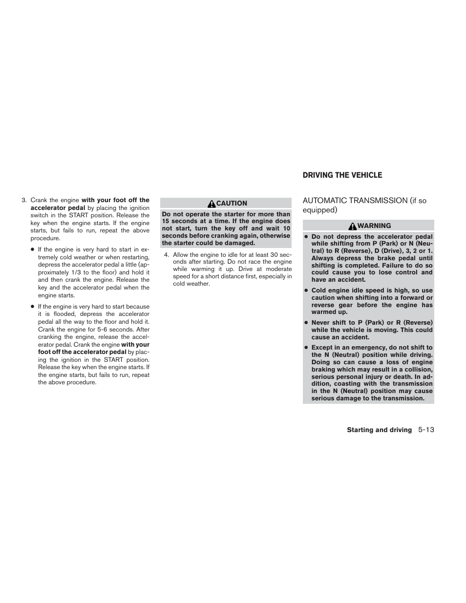 Driving the vehicle -13, Automatic transmission (if so equipped) -13 | NISSAN 2012 Xterra - Owner's Manual User Manual | Page 210 / 341