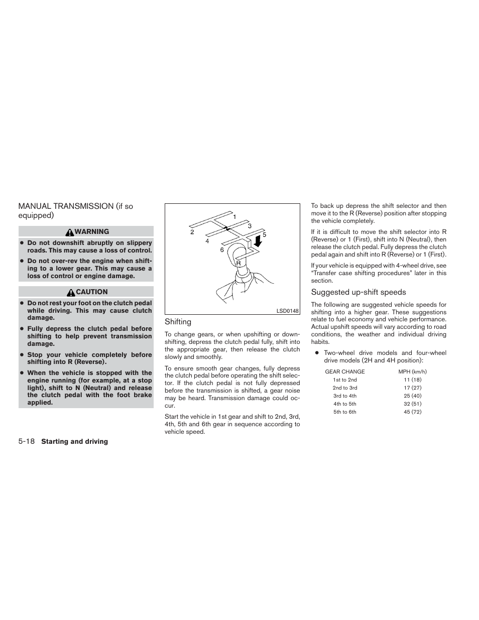 Manual transmission (if so equipped) -18, Manual transmission (if so equipped), Shifting | Suggested up-shift speeds | NISSAN 2012 Xterra - Owner's Manual User Manual | Page 215 / 341