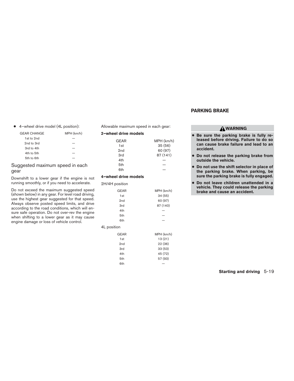 Parking brake -19, Suggested maximum speed in each gear, Parking brake | NISSAN 2012 Xterra - Owner's Manual User Manual | Page 216 / 341