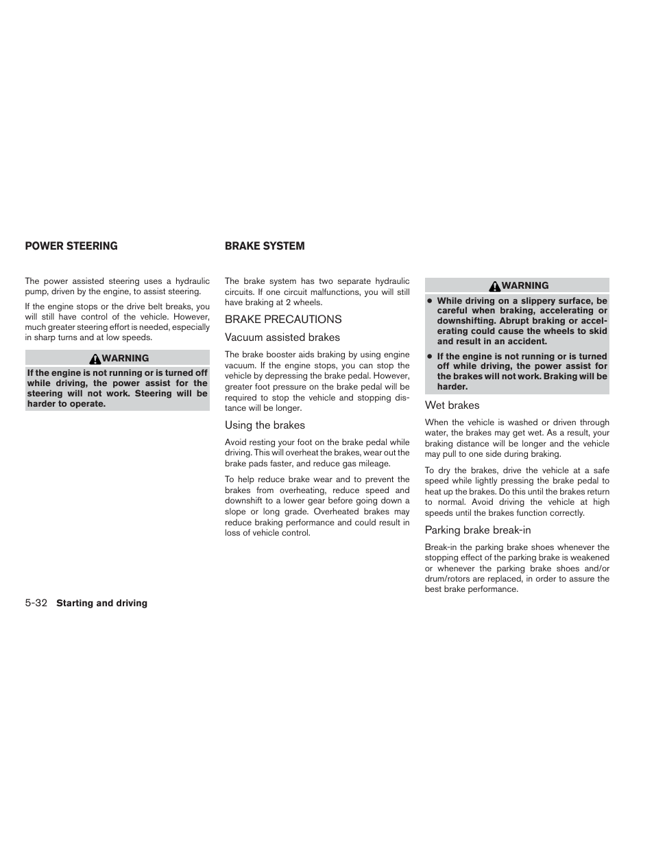 Power steering -32 brake system -32, Brake precautions -32 | NISSAN 2012 Xterra - Owner's Manual User Manual | Page 229 / 341