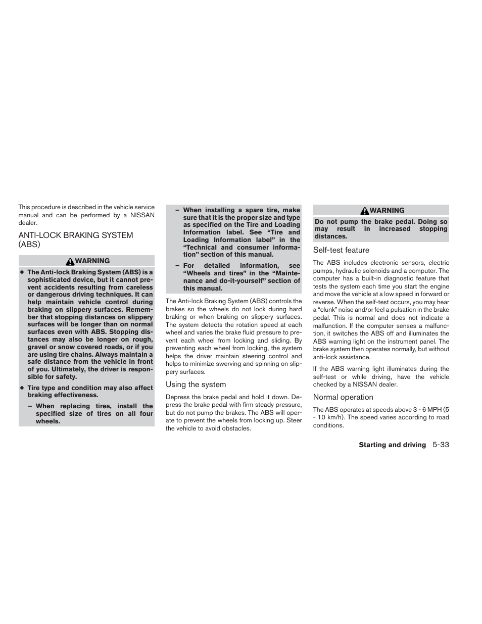 Anti-lock braking system (abs) -33 | NISSAN 2012 Xterra - Owner's Manual User Manual | Page 230 / 341