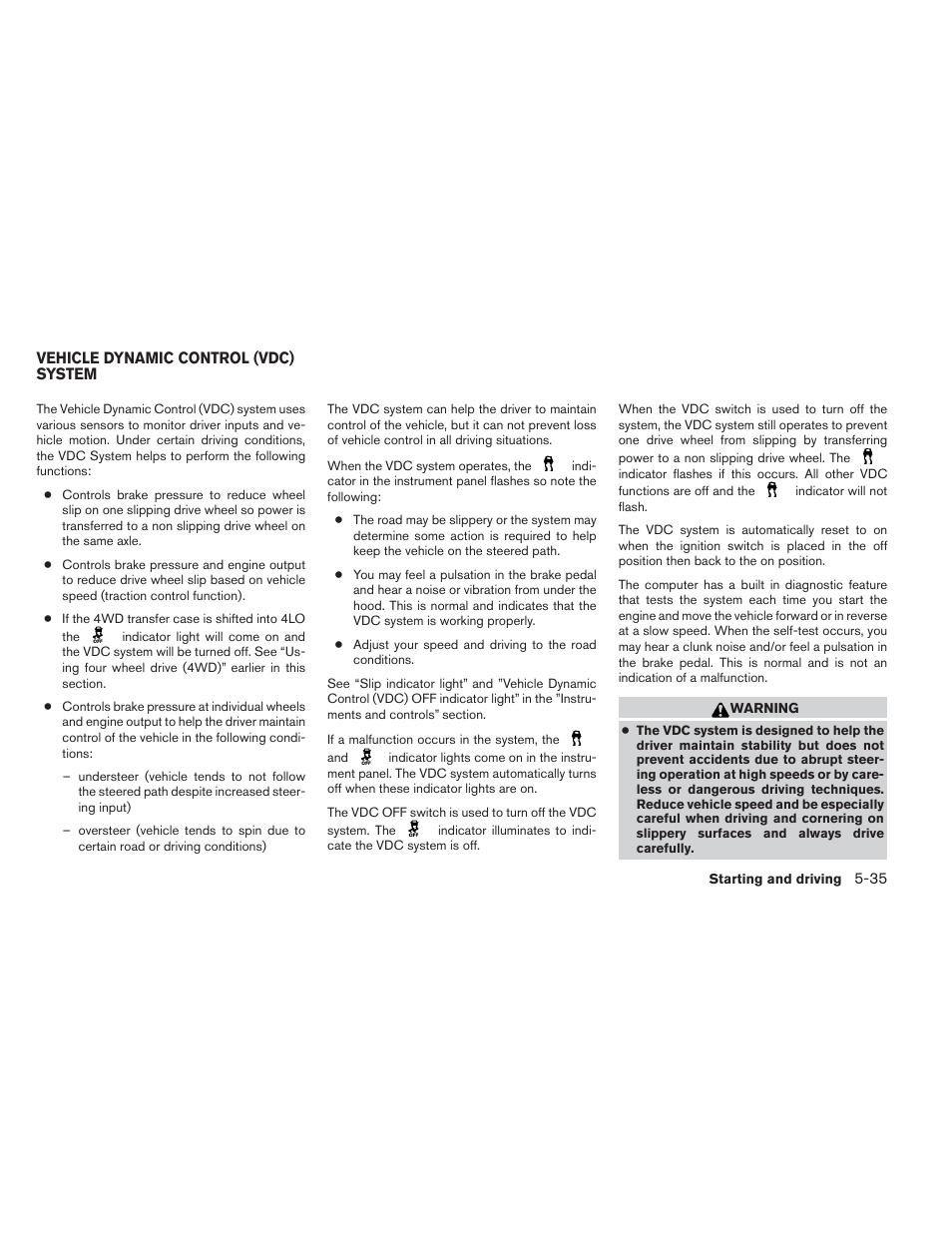 Vehicle dynamic control (vdc) system -35 | NISSAN 2012 Xterra - Owner's Manual User Manual | Page 232 / 341