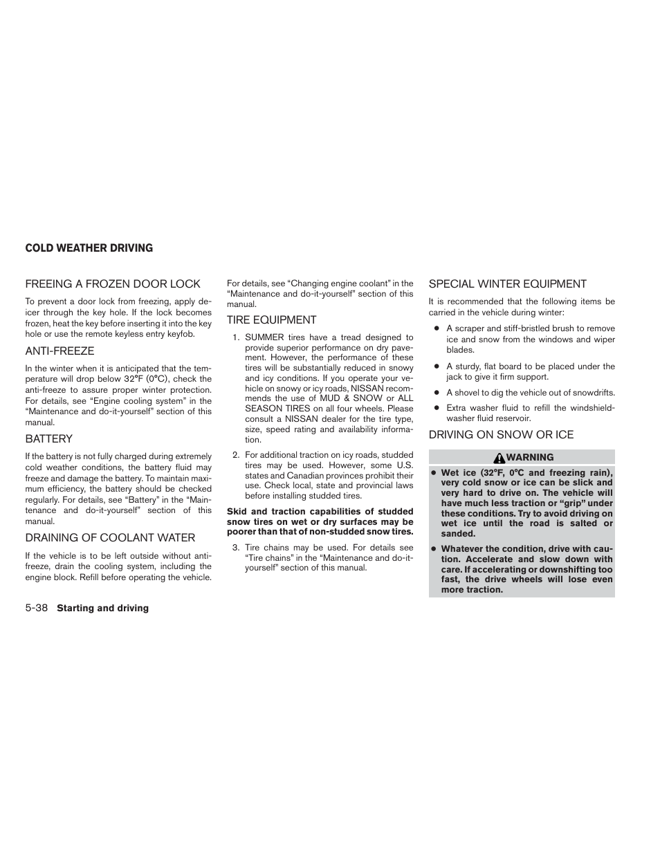 Cold weather driving -38 | NISSAN 2012 Xterra - Owner's Manual User Manual | Page 235 / 341