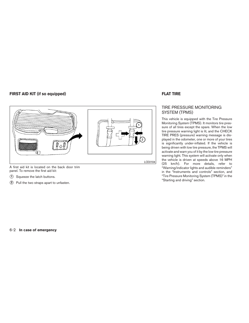 First aid kit (if so equipped) -2 flat tire -2, Tire pressure monitoring system (tpms) -2 | NISSAN 2012 Xterra - Owner's Manual User Manual | Page 239 / 341