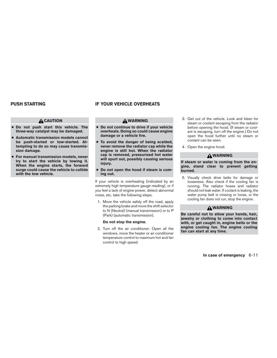 Push starting -11 if your vehicle overheats -11 | NISSAN 2012 Xterra - Owner's Manual User Manual | Page 248 / 341