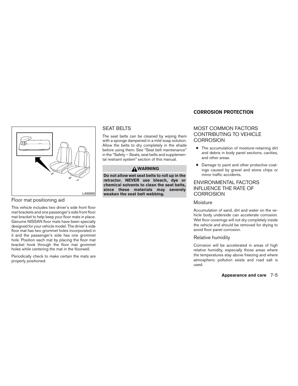 Seat belts -5, Corrosion protection -5 | NISSAN 2012 Xterra - Owner's Manual User Manual | Page 258 / 341