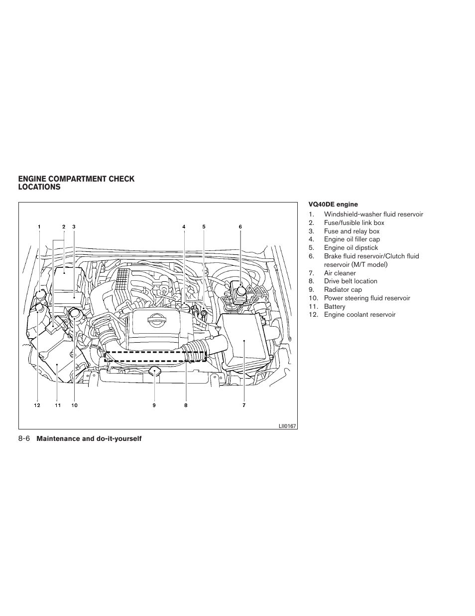 Engine compartment check locations -6 | NISSAN 2012 Xterra - Owner's Manual User Manual | Page 265 / 341